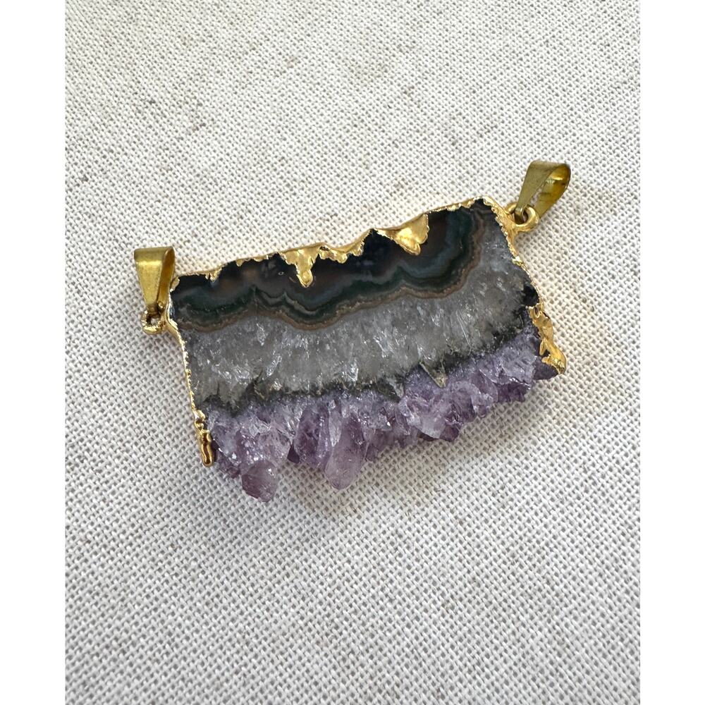 Raw Amethyst Druzy Slice Pendant Gold Tone Double Bail
